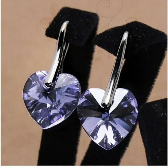 Silver Plated Mystic Purple Rhinestone Crystal Drop Hook Earrings Gorgeous Gift - Picture 3 of 3